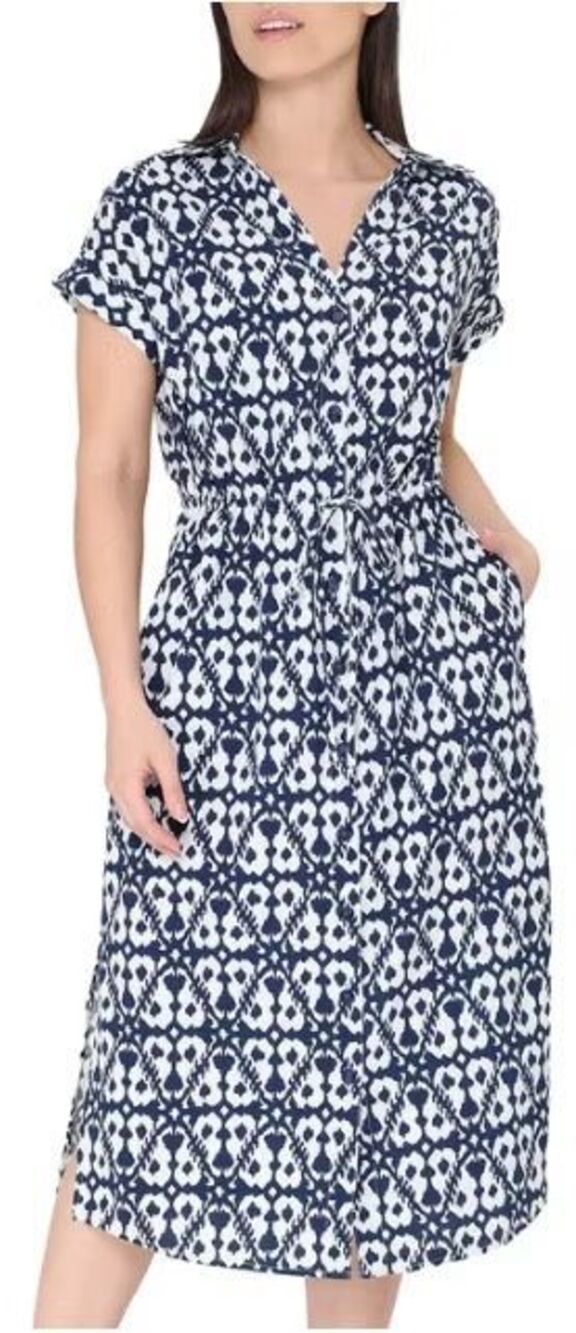 NEW Badgley Mischka Cotton Dress Blue & White Batik Tie Waist Sz XXL Boho Chic
